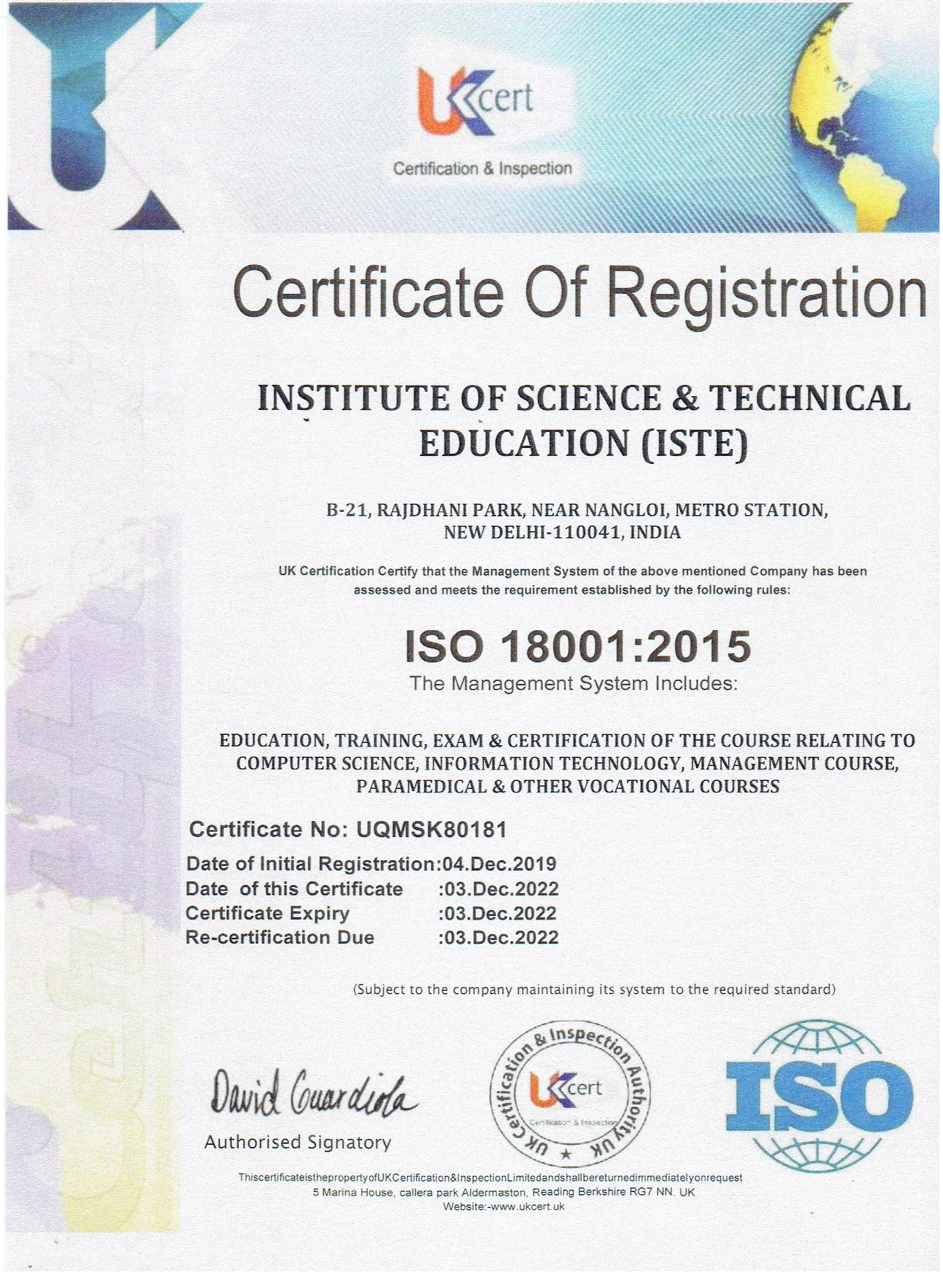 ISO 18001:2015 Certificate